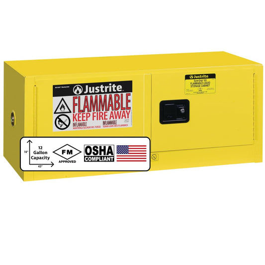 Justrite 12 Gallon Manual Close Piggyback Flammable Storage Cabinet, 18 Gauge Steel, 2 Door Fire Cabinet, 18" x 43" x 18", Made in The USA, Yellow, 891300