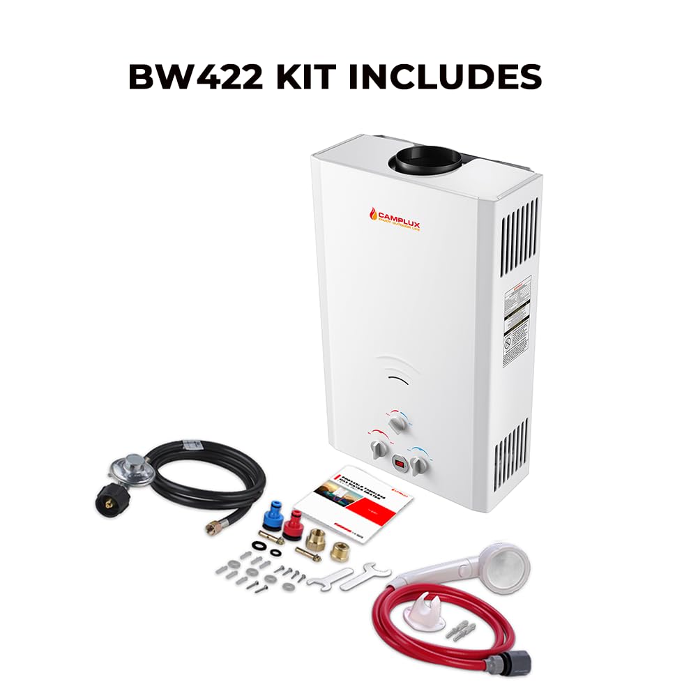 CAMPLUX Outdoor Tankless Water Heater Propane, 4.22 GPM Propane Tankless Water Heater, 16L Outdoor Water Heater for Camping, Remote Cabins, Tiny House & Mobile Home, 110,000 BTU, BW422
