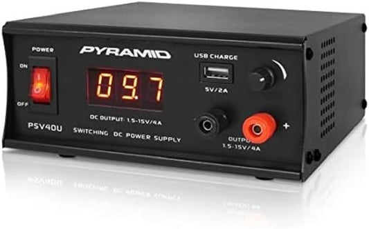 Pyramid Universal Compact Bench Power Supply - 4 Amp Regulated Benchtop AC-DC Converter Power Supply for CB Radio, HAM w/ 120/240V AC Switchable to 1.5V-15 Volt DC, USB, Digital LCD Display PSV40U