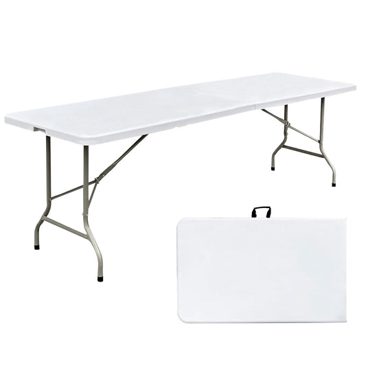 JingPieCle 8ft Folding Table 96 inch, Heavy Duty 8 Foot Portable Plastic Foldable Table with Handle and Fold-in-Half Design, Blow Molded Tabletop for Outdoor, Indoor, Party, Dining and Banquet, White