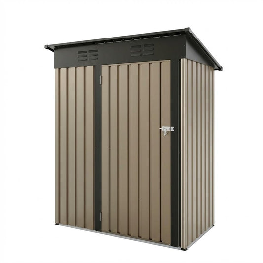 5x3Ft Outdoor Storage Shed, Metal Tool Shed with Lockable Door & Sloped Roof, Weatherproof, Compact Garden Storage Shed for Backyard, Patio, Lawn, or Tools & Equipment, Brown