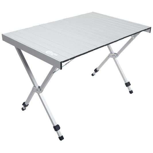 Portal Folding Outdoor Camping Table with Adjustable Height, Aluminum Roll-Up Top and Carry Bag, Big Large Portable Tables for Picnic, BBQ and Tailgating, Silver