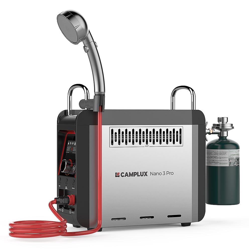 CAMPLUX Nano 3 Pro 1 lb Propane Portable Water Heater, Table Top Camp Water Heater & Shower Pump w/Built-in Battery, Compact Outdoor Camping Hot Showers