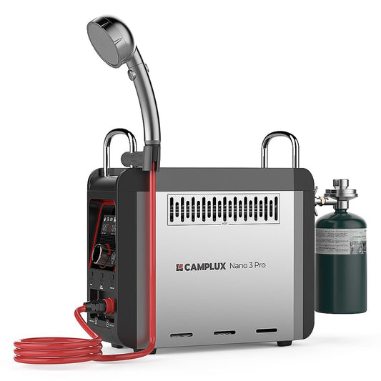 CAMPLUX Nano 3 Pro 1 lb Propane Portable Water Heater, Table Top Camp Water Heater & Shower Pump w/Built-in Battery, Compact Outdoor Camping Hot Showers