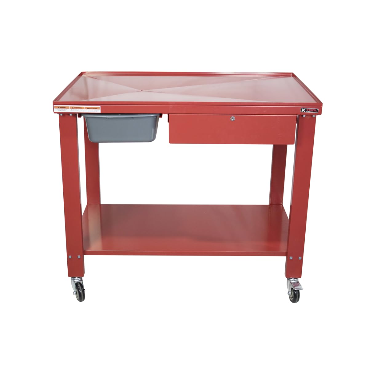 K Tool International 75109 48" x 32" Tear Down Table for Garages, Repair Shops and DIY, 31" Height, Raised Edges, Offset Drain, 3-Gallon Drain Pan, Lockable Storage Drawer, 4" Swivel Casters, Red