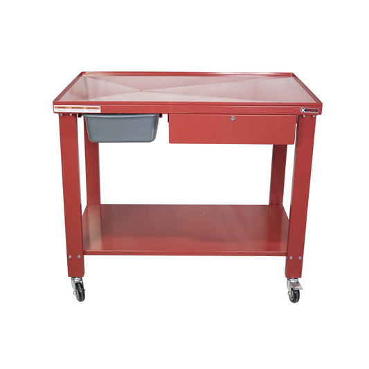 K Tool International 75109 48" x 32" Tear Down Table for Garages, Repair Shops and DIY, 31" Height, Raised Edges, Offset Drain, 3-Gallon Drain Pan, Lockable Storage Drawer, 4" Swivel Casters, Red