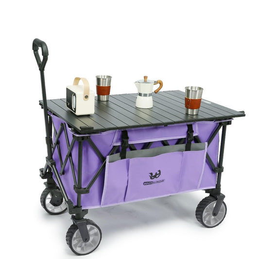 Whitsunday Folding Collapsible Utility Wagon, 400Lbs Heavy Duty Outdoor Park Beach Wagon with Table and Side Pocket for Garden Camping Sports Shopping Purple