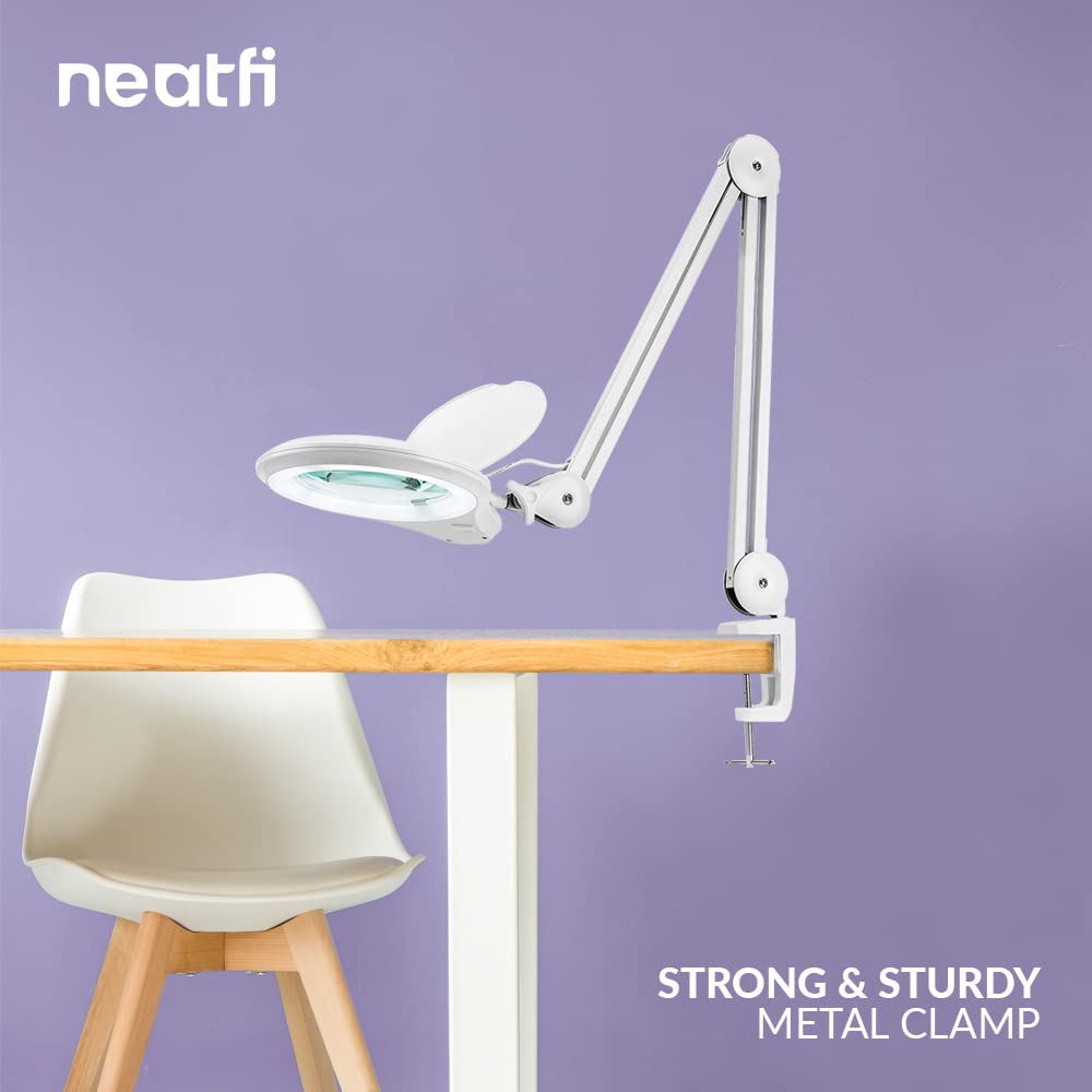 Neatfi LED Bifocal Magnifying Lamp 1,200 Lumens – 5” Glass Lens, Dual Magnification 3X/6X, Dimmable Task Light | Adjustable Arm with Clamp | Crafting, Jewelry & Reading (8 Diopter + 20 Diopter, White)