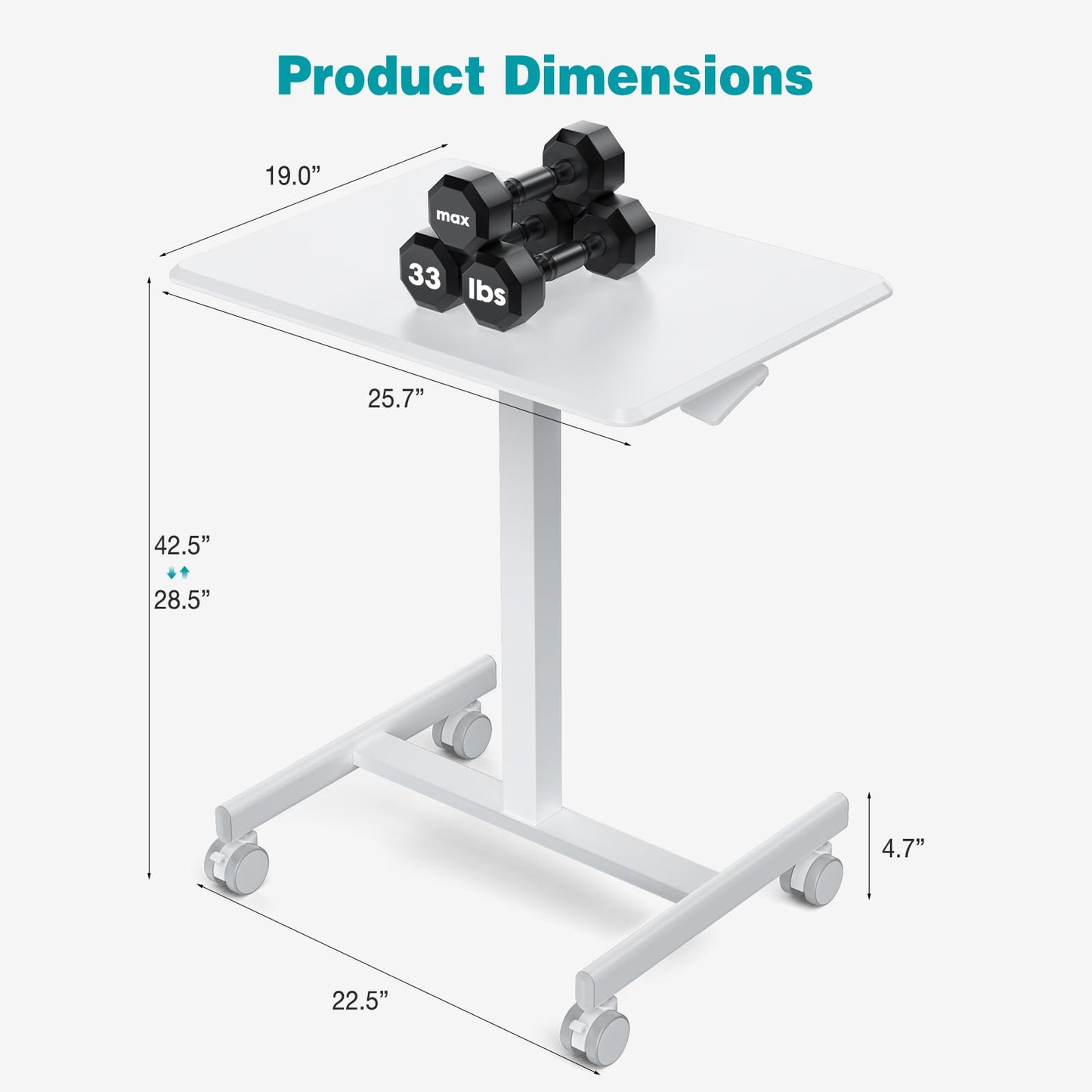 DUMOS Small Standing Desk Mobile Portable Rolling Laptop PC Table on Wheels Adjustable Height Computer Workstation for Home Office, 19 Inch, Modern White