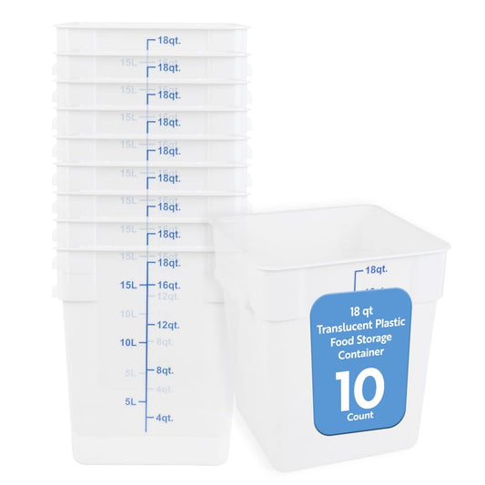 Restaurantware Food Storage Container 10 Pack of 18 qt Plastic Kitchen Storage Bin with Volume Markers Space-Efficient Design Dishwasher-Safe Polypropylene Translucent
