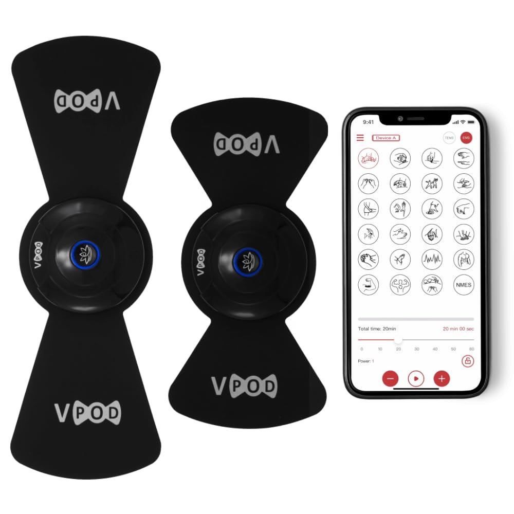 VPOD Deluxe Wireless TENS Unit Muscle Stimulator with Smartphone App Control - Bluetooth Enabled for Pain Relief Therapy - Rechargeable Portable Device for Back and Neck Pain