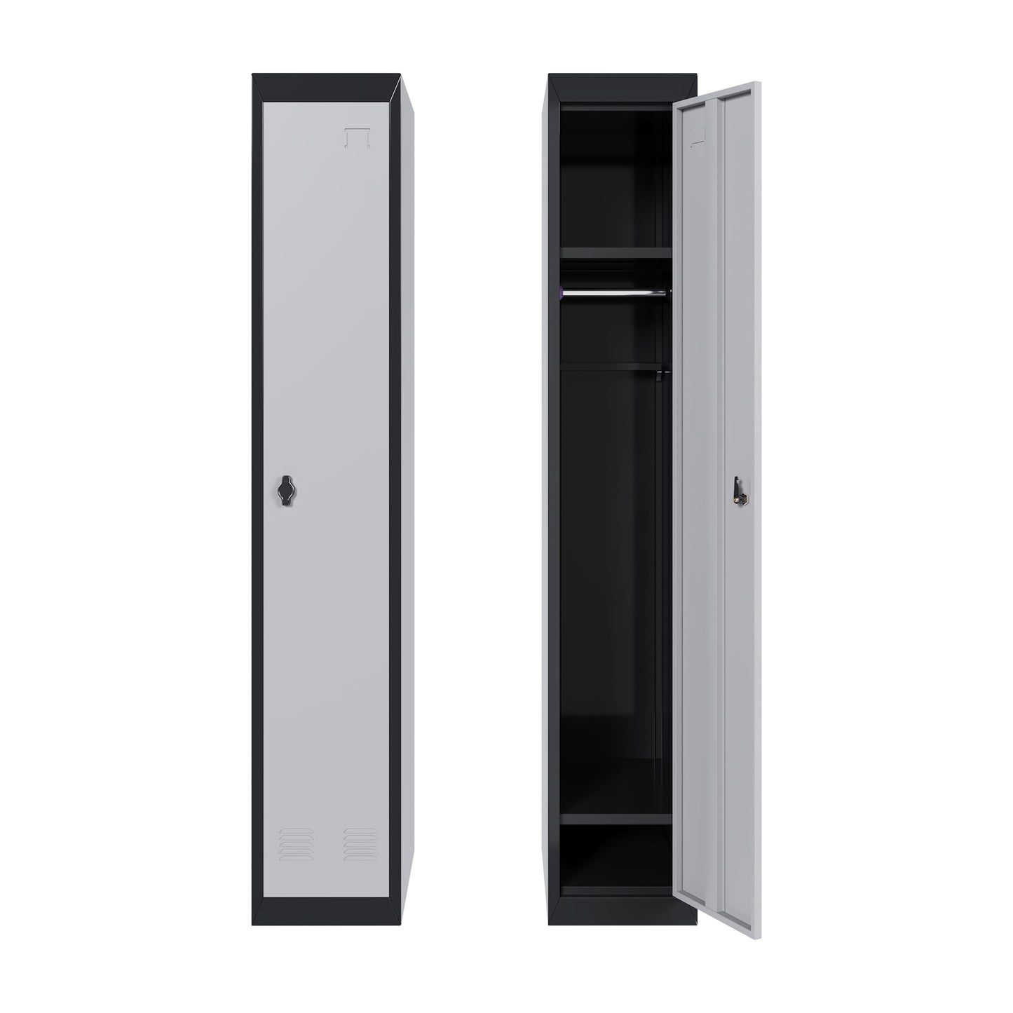 Narrow Metal Locker, 72 Inch Metals Broom Storage Cabinet with Shelves, Lockable Cabinets Doors & Keys Tall Brooms Suitable for School, Office, Home, Staff and Students Storage(Black & Grey)