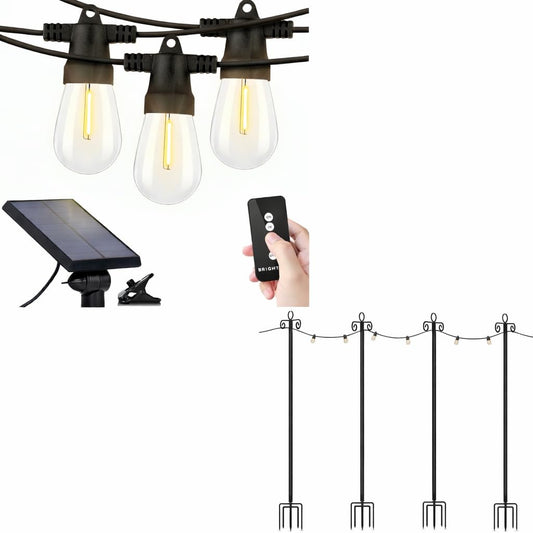 Brightech Bundle Ambience Pro Solar Powered Outdoor String Lights, 48ft + 4-Pack 10FT String Light Poles