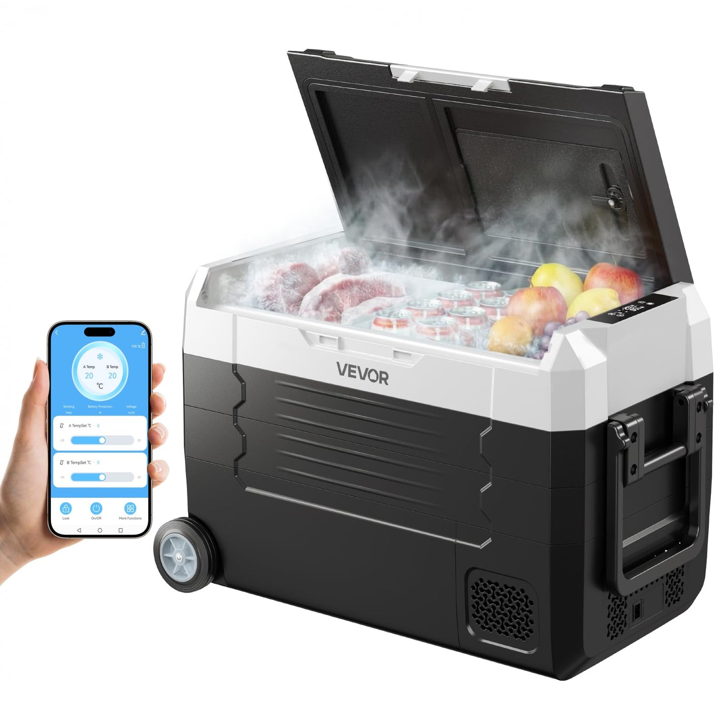 VEVOR Car Refrigerator, DC 12/24V AC100-240V Compressor Electric Cooler, -4°F to 68°F Truck Refrigerator with APP Control, Wheels & Dual Zone, 37 QT Cars Cooler for RVs, Boats, Camping, Fishing