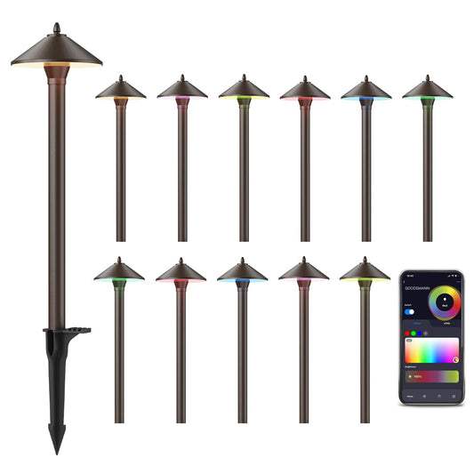GOODSMANN Landscape Lighting RGBW 12PK Low Voltage Path Lights with Color Changing 2W 12V AC Landscape Lights 2900K with Cable Connectors