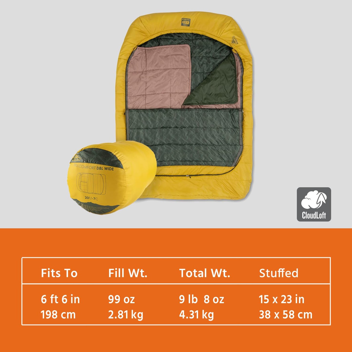 Kelty Tru.Comfort Doublewide 2P 20 Degree Sleeping Bag, Two Person, Synthetic Fill, Couples & Family Camping, Overlanding – Removable Blanket, Wider Than Queen Sized Bed, Updated for 2023 (Olive Oil)
