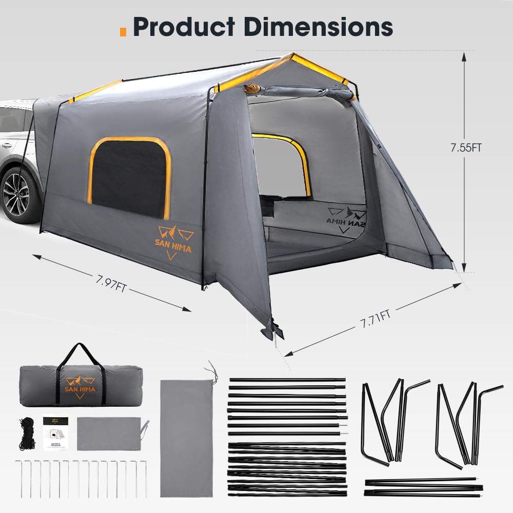 SanHima SUV Tent for Camping with Gull Wing Awning - Waterproof Up to 8 Person Car Tent for Family, Van Jeep CUV Model Y, 8Ft x 8Ft x 7.6Ft