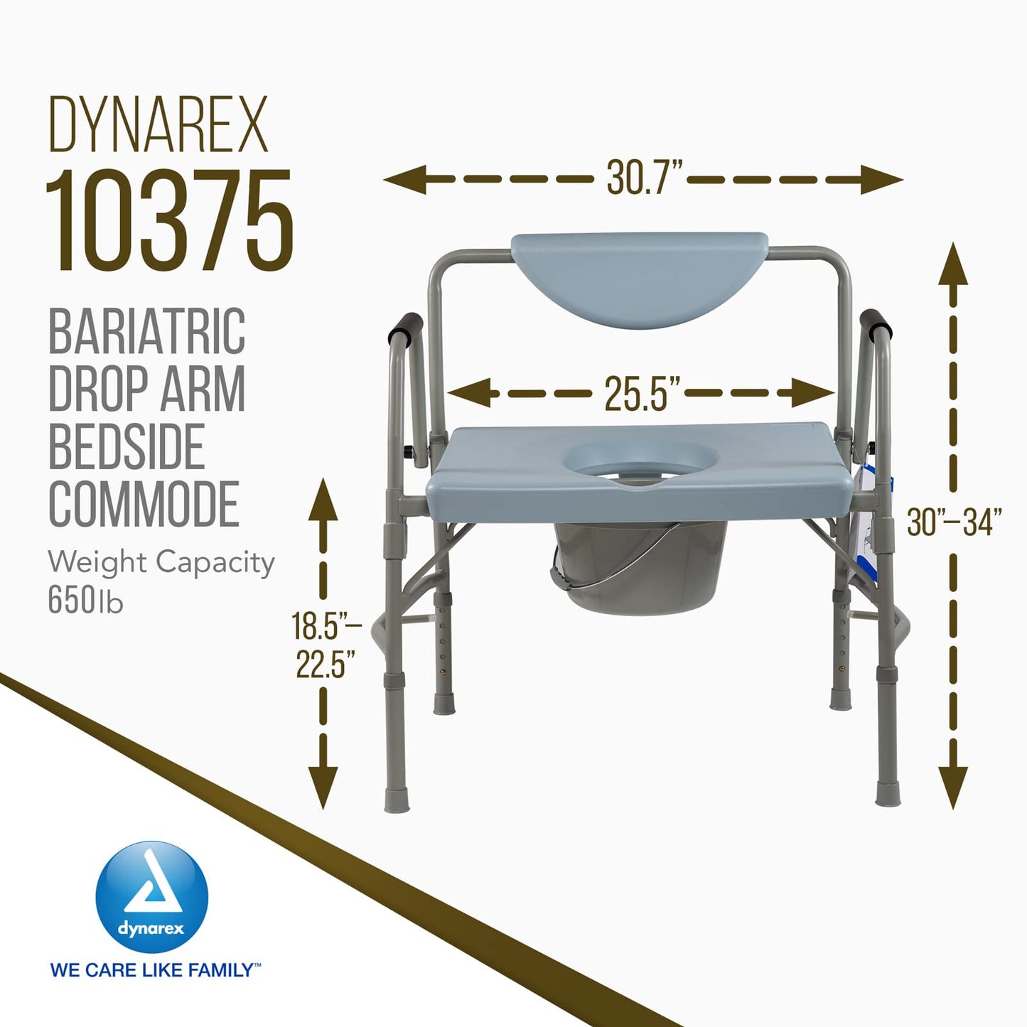 Dynarex Bariatric Drop Arm Bedside Commode, Multi-Use Portable Toilet Chair with 650 Pound Weight Capacity and a Heavy-Duty Steel Frame, Grey, 1 Bariatric Drop Arm Bedside Commode