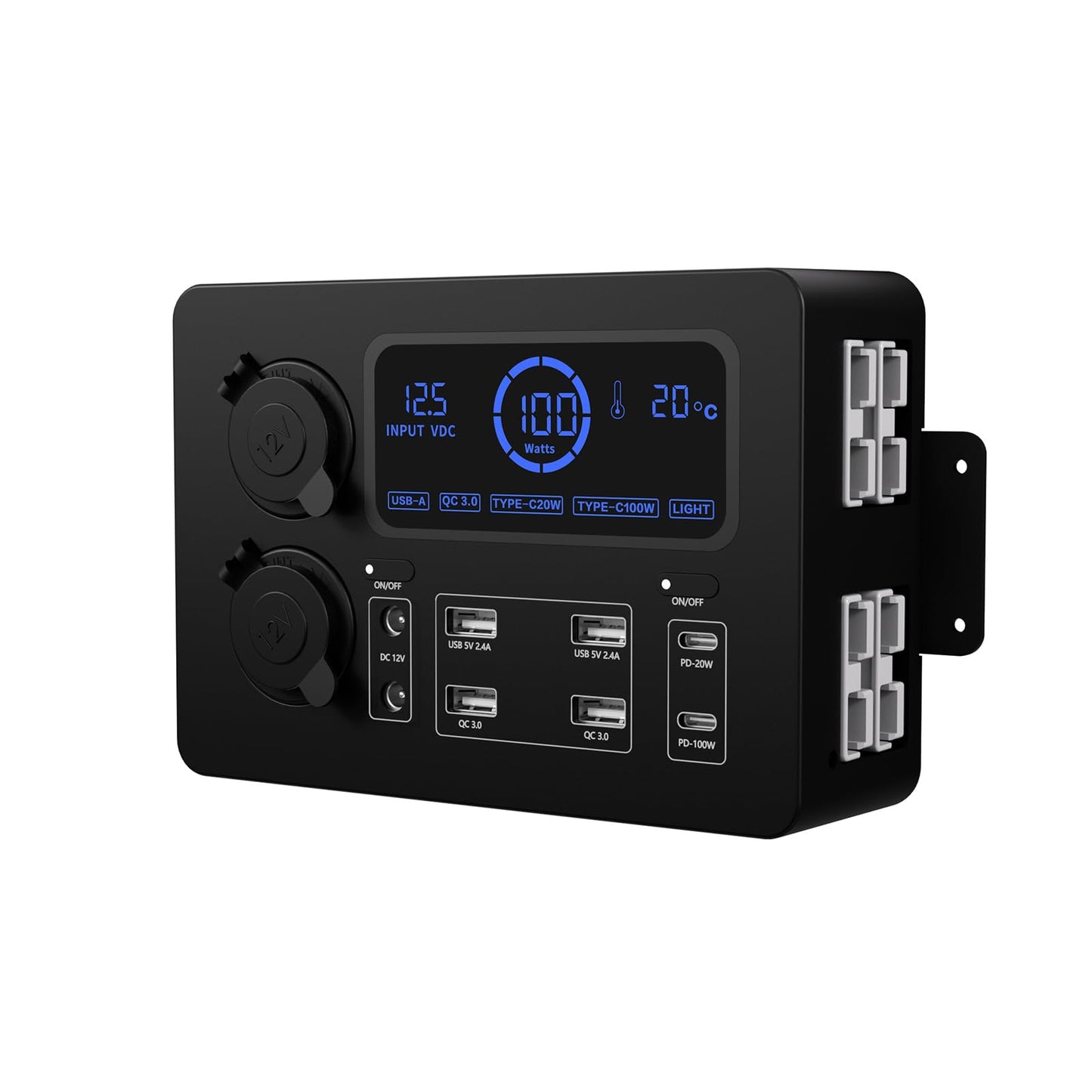 HUIOP Power Box,Mini Power Box, 12V 100W LCD Display Power Box with LED Lights, USB-C & QC3.0 Ports, Portable Control Hub for RVs, SUVs, Boats, Yachts, Cars