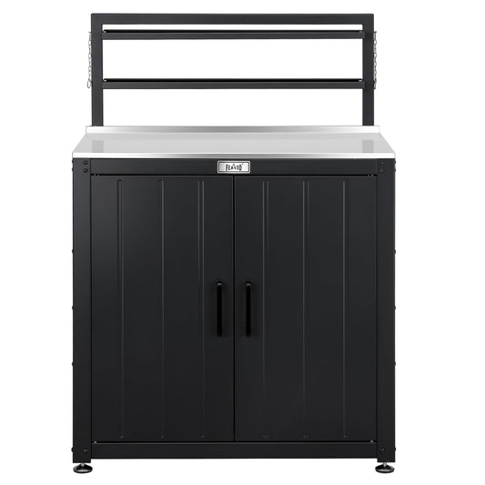 Feasto Outdoor Potting Bench Table with Storage Cabinet, Stainless Steel Garden Workstation, Raised-Edge Top, Adjustable Shelf & Removable Hutch for Patio, Balcony & Outdoor Workspace, Black