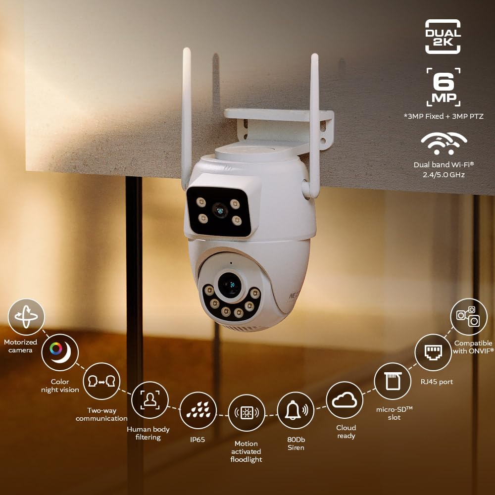 Nexxt Solutions Smart Dual Lens PTZ Wi-Fi Outdoor Security Camera | 2K Dual View Surveillance with Human Detection, Night Vision | Two-Way Audio, 80dB Siren, IP65 Weatherproof, microSD Storage
