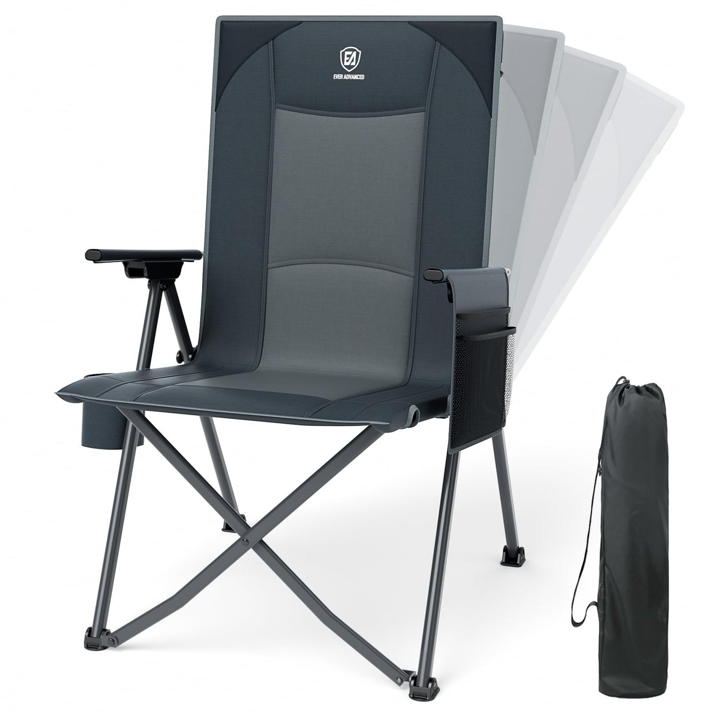 EVER ADVANCED Reclining Camping Chairs for Adult Lightweight, Folding Recliner Chair with Adjustable Back, 4-Level Lounge Chairs, Portable Lawn Chairs for Patio Balcony, Supports 350lbs Grey