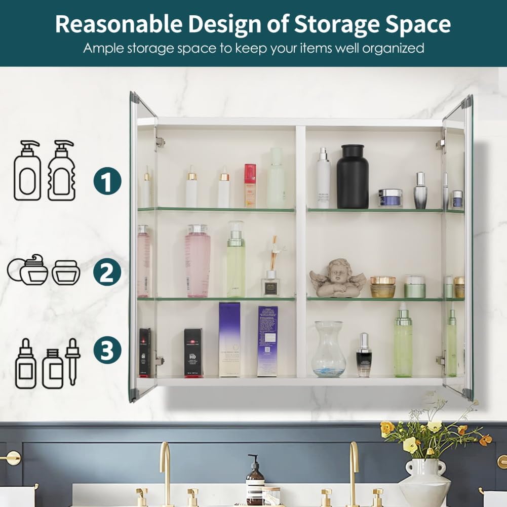 Movo Double Doors Medicine Cabinet with Mirror, 30 inch X 26 inch Aluminum Bathroom Medicine Cabinet, Adjustable Glass Shelves, Waterproof and Rust-Resist, Recess or Surface Mount