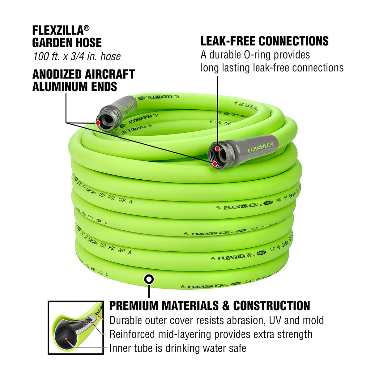 Flexzilla Garden Hose 3/4 in. x 100 ft., Lightweight All-Weather Water Hose, Durable and Flexible, Leak-Free Connections