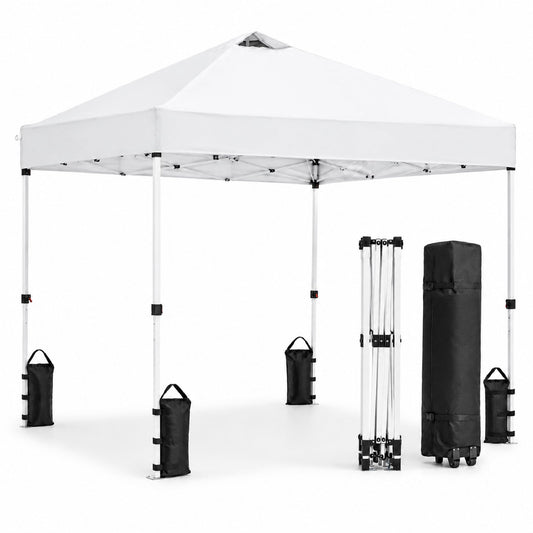 10x10 Pop Up Canopy Tent – One-Person Setup, Waterproof & UV-Blocking, Heavy-Duty Steel Frame, Wheeled Bag & Sandbags – Outdoor Shelter for Party, Camping, Beach, Outside Events (White)