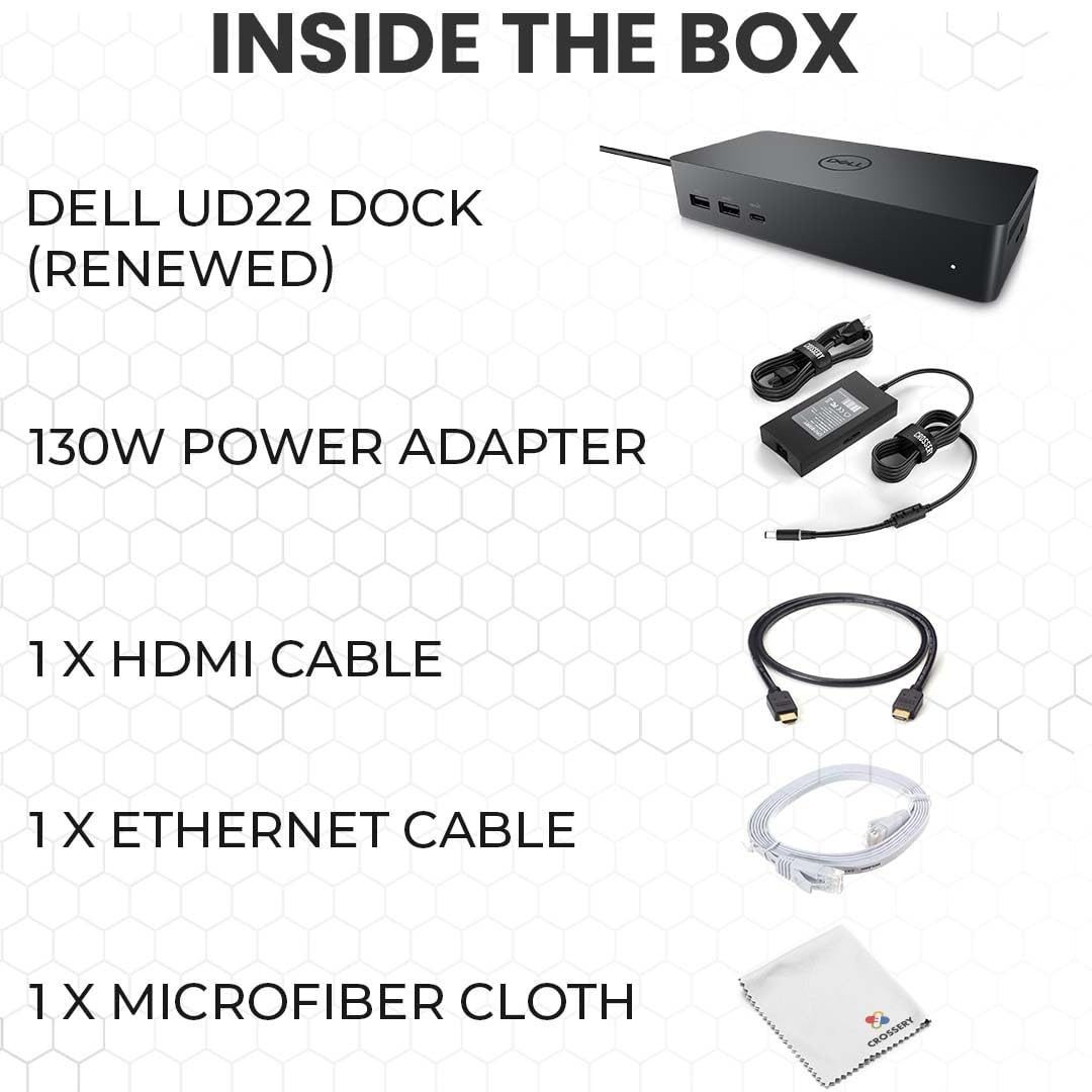 Crossery Dell UD22 Docking Station Bundle - Includes Dell Universal Dock UD22, HDMI & Ethernet Cable, 130W Power Adapter - USB-C Laptop Docking Station - Efficient Connectivity Solution (Renewed)