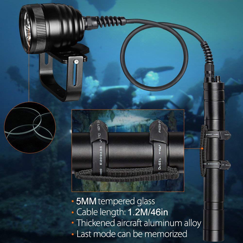 SecurityIng DF06 3000LM Primary Canister Dive Light, 3 LEDs Scuba Diving Flashlight Underwater 492ft/150M Torch with 1.2M Cable for Professional Diving/Cave Diving(Batteries Not Included)