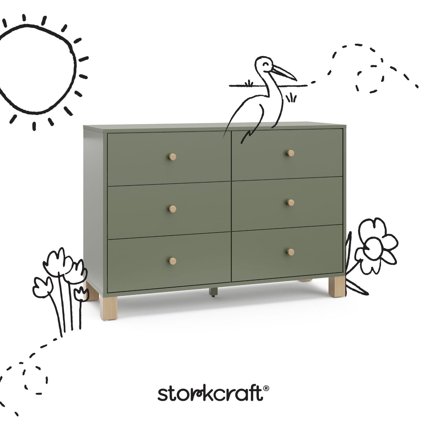 Storkcraft California 6-Drawer Double Dresser (Olive with Driftwood) - GREENGUARD Gold Certified, Interlocking Drawer System, Dresser Drawer Organizer for Kids Bedroom