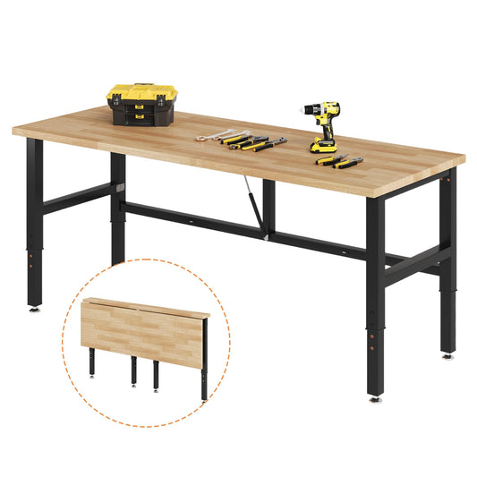 SPECRAFT 60" Folding Workbench, Adjustable Foldable Workbench with 2000 LBS Capacity, 30.7"-40" Height, Rubber Wood Top for Garage, Workshop, Office