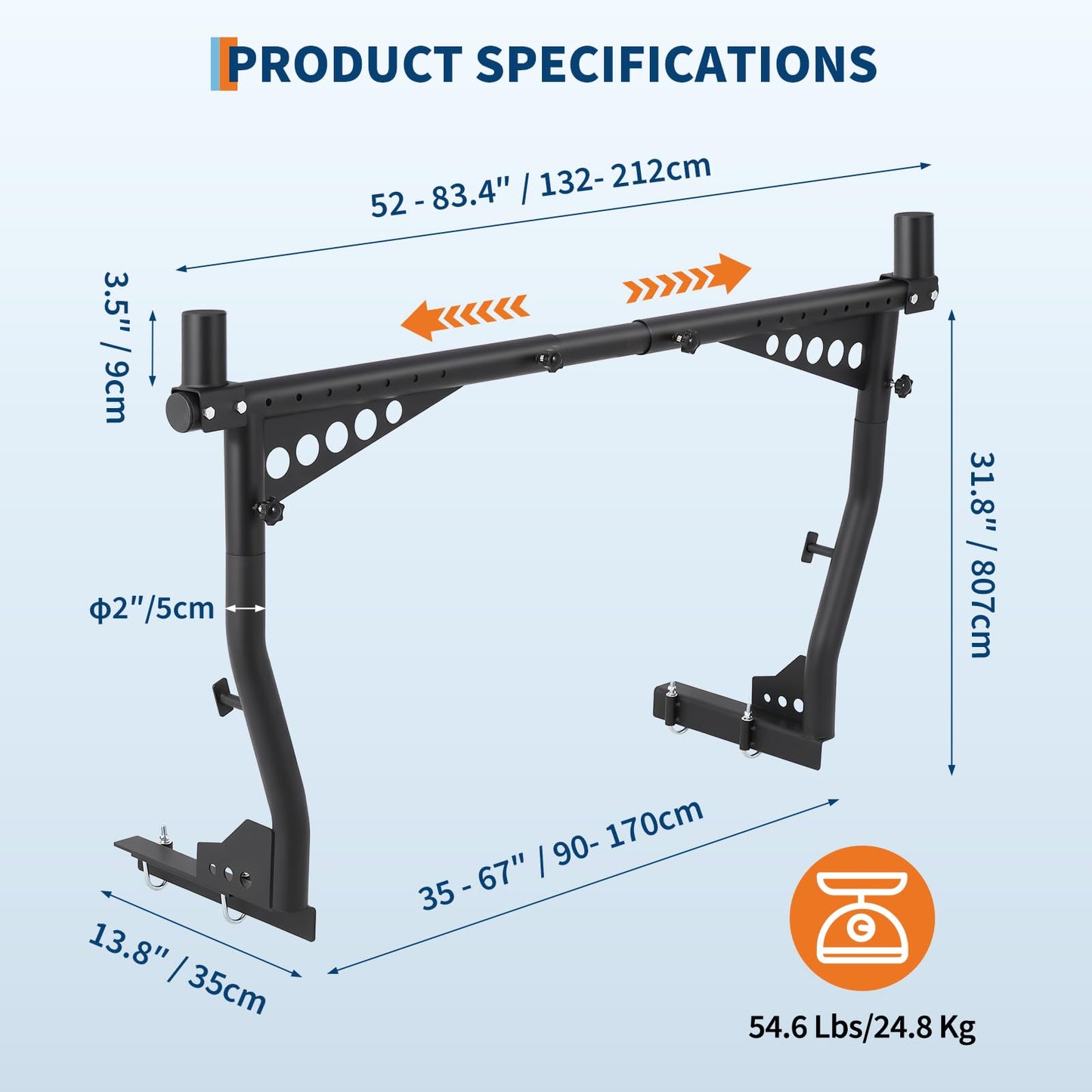 Universal Truck Ladder Rack 1000 Lbs Capacity, Adjustable Steel Pickup Bed Rack 52"-82" Crossbar for Kayak, Lumber, Ladder, Rooftop Tent, Surfboard – No-Drill Heavy Duty Rack for Pickup Trucks