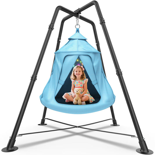 Swing Set with Tent Swing, Hanging Tree Tent w/Swing Frame, X-Shaped Swing Stand with Tent Swing, Tent Swing Chair, 330 lbs, w/Rainbow Lights String, Indoor Outdoor Use (Light Blue)