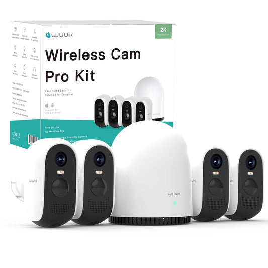 WUUK Security Cameras Wireless Outdoor, Indoor Home Surveillance System, 2K, No Monthly Fee, Motion Alert, Night Vision, 2.4/5 GHz WiFi, 32G Local Storage, Compatible with Alexa & Google, 4-Camera Kit