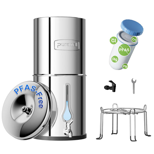 Purewell PFAS-Free 6-Stage Gravity Water Filter System with PC Water Level Window, Certified to Reduce Lead, Total PFAS (Forever Chemicals), Mercury, and Chlorine, SF-2.25G