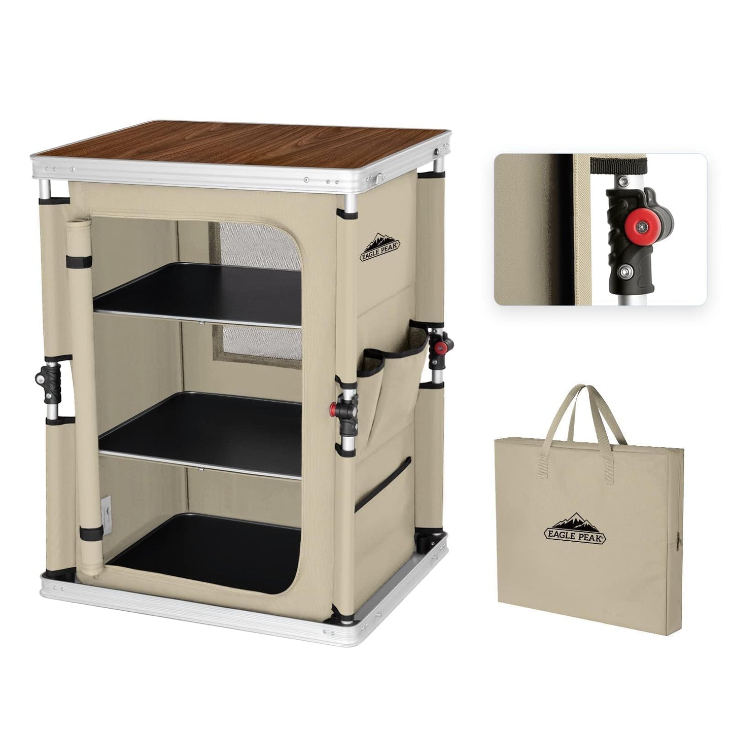 EAGLE PEAK Outdoor Folding Camping Table with Large 3-Tier Storage Organizer and Side Pockets, Easy Set Up Portable Aluminum Camping Kitchen, Beige
