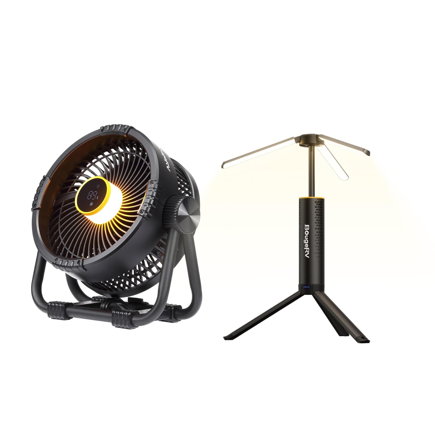 BougeRV Portable Fan Rechargeable, 20000mAh Battery Powered Fans with 4 Wind Speeds Hook Brighter Light LCD Display 270° Rotatable & Telescopic Camping Light, 15600mAh Rechargeable Lantern