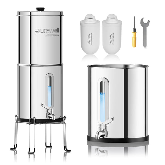 Purewell Upgraded 6-Stage 0.01μm Ultra-Filtration Gravity Water Filter System with Water Level Window, 304 Stainless Steel Countertop System with 2 Filters and Stand, Reduce 99% Chlorine, BO-2.25G