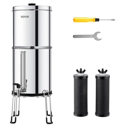 VEVOR Gravity-fed Water Filter System, 2.25G 304 Stainless-Steel Countertop System, Water Filtration System, Reduces Lead and up to 99% of Chlorine, with 2 Carbon Filters, Water Level Spigot, Stand
