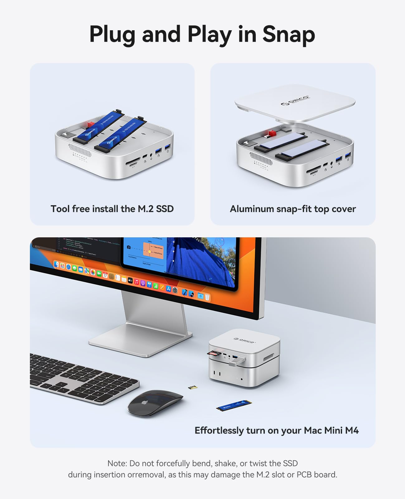 ORICO MiniRaid 10-in-1 Docking Station with Dual-Bay M.2 NVMe/SATA SSD Enclosure for Mac mini M4 Pro, Raid 0/1/PM, USB C HUB with HDMI 4K@60Hz, 10Gbps, PD60W, SD/TF Slot, RJ45 for Creator-MR10 Pro