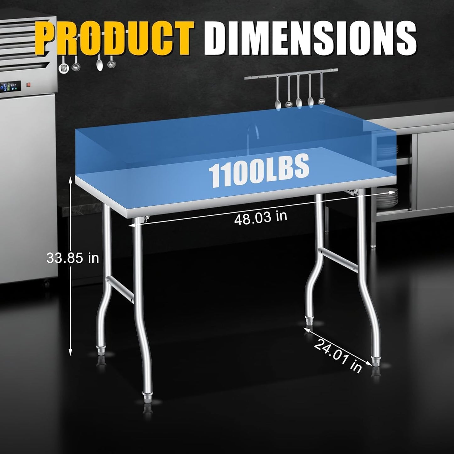 GAOMON Stainless Steel Foldable Table, 48x24 Inch Industrial Workbench, 1100 LBS Capacity Portable Utility Table for Workshop, Warehouse and Garage, Heavy Duty