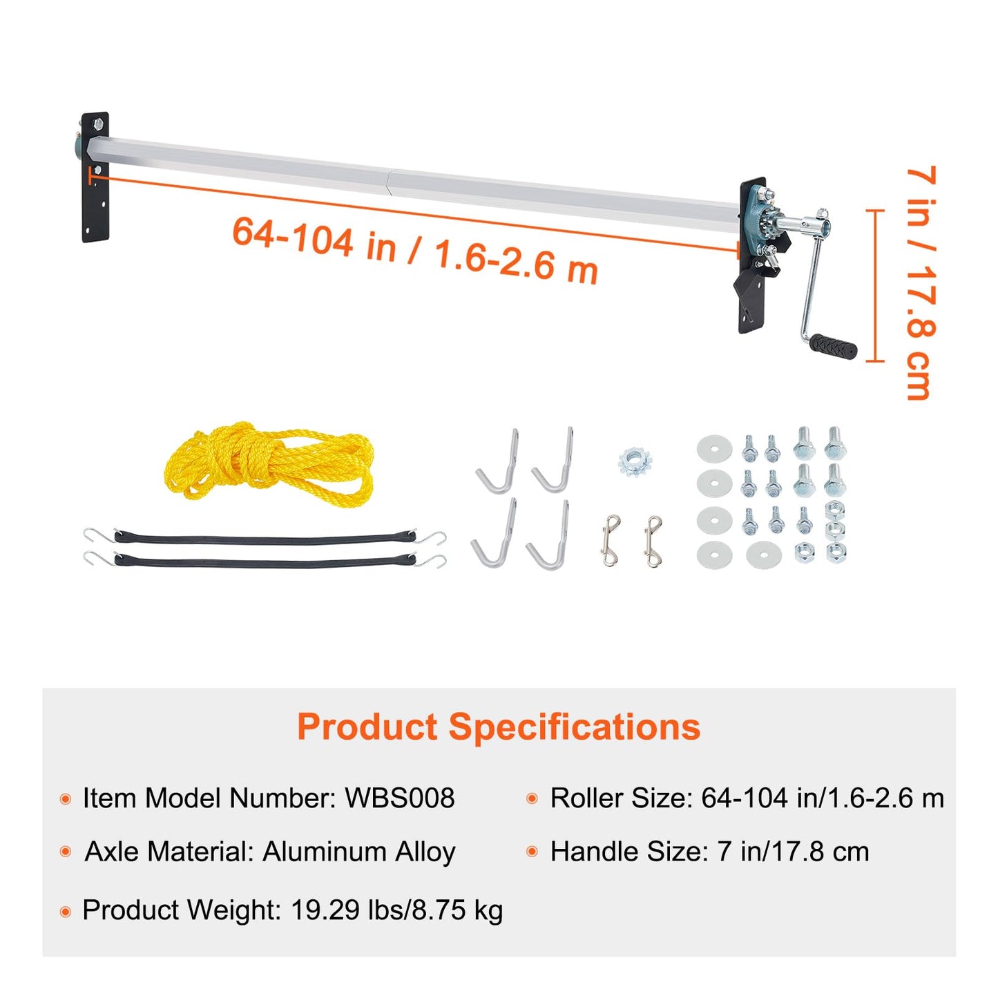 VEVOR Hand Crank Tarp Roller Kit, 64" to 104" Wide, Aluminum Alloy, Manual Cab Level Dump Truck Tarp Roller with 7" Sponge-Wrapped Handle, Perfect for Dump Trucks, Trailers, Trash Haulers (No Tarp)