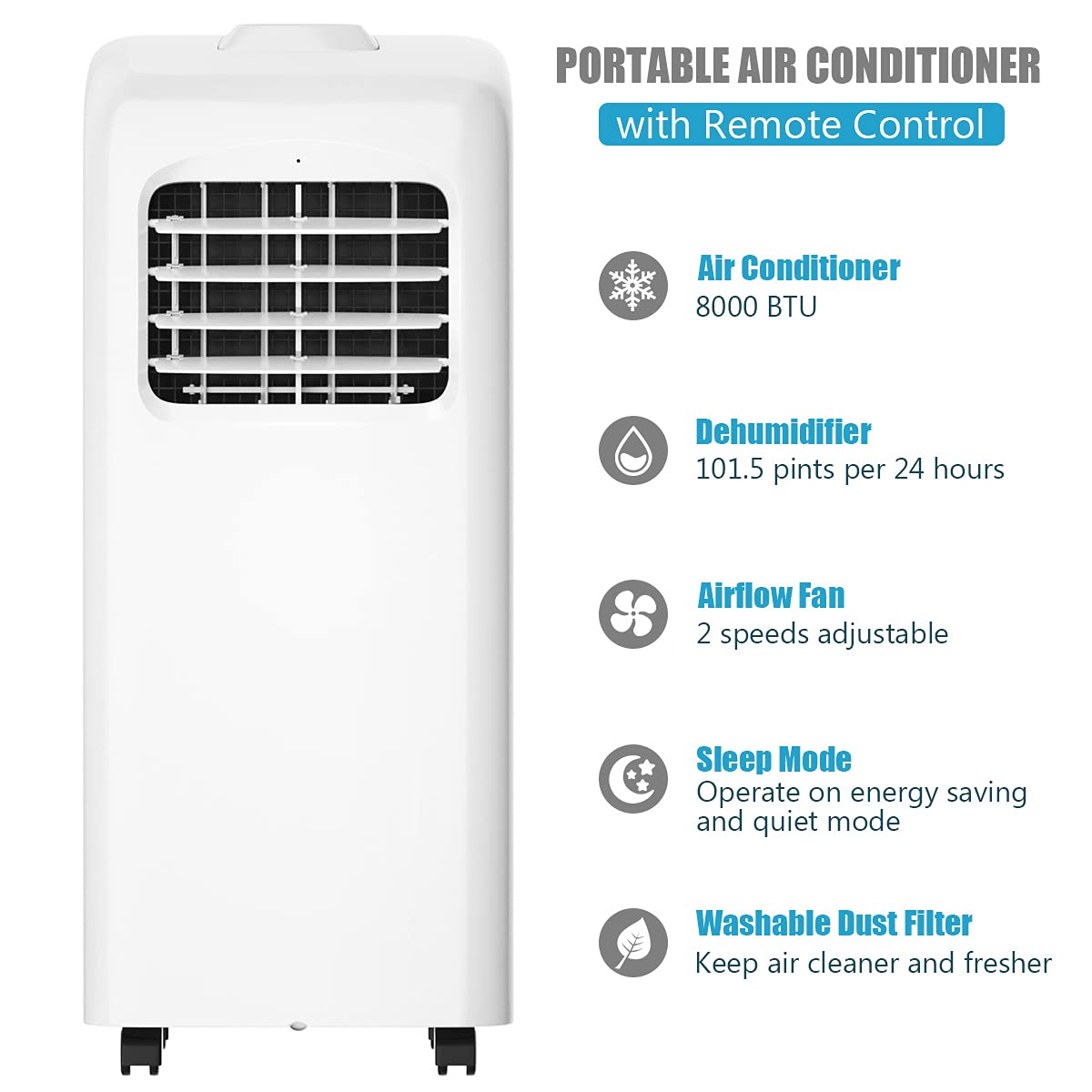 COSTWAY Ashrae 8000 BTU Portable Air Conditioner with Remote Control, Energy Efficient for Rooms Up to 400 Sq. Ft, Cooling, Dehumidifying, Fanning, Sleeping Mode, Time Settings, Clear LED Display