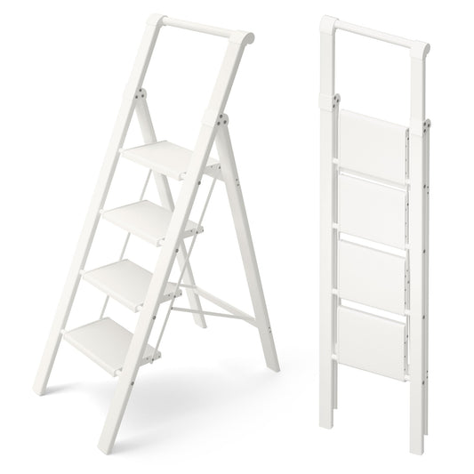 HillhutApex 4 Step Foldable Aluminum Step Ladder with Handgrip, Anti-Slip Pedal, 330 lbs Capacity, Lightweight & Portable for Home, Kitchen, Office, Garage (White)