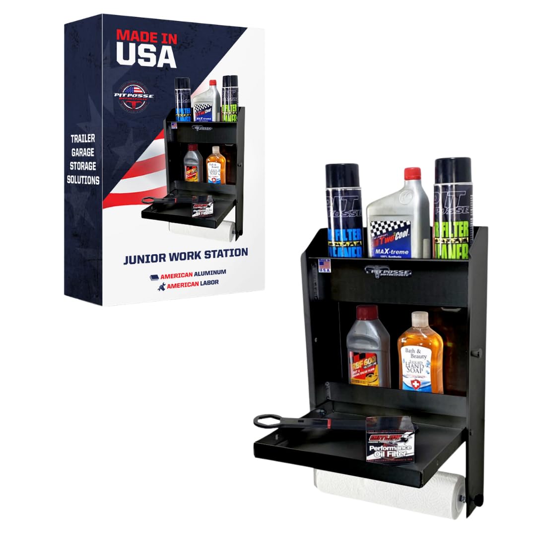 Pit Posse 458BK Jr Work Station Storage Cabinet Shelf Rack Holder Caddy - Made in USA - Garage Enclosed Race Trailer Automotive Mechanics Shop Storage Organizer Aluminum (Black)