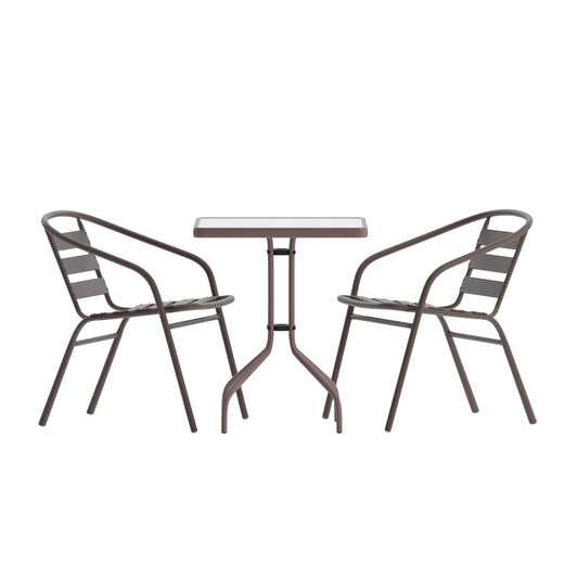 Flash Furniture TLH-0731SQ-017CBZ2-GG Lila 23.5'' Square Glass Table with 2 Metal Aluminum Slat Stack Chairs, Bronze