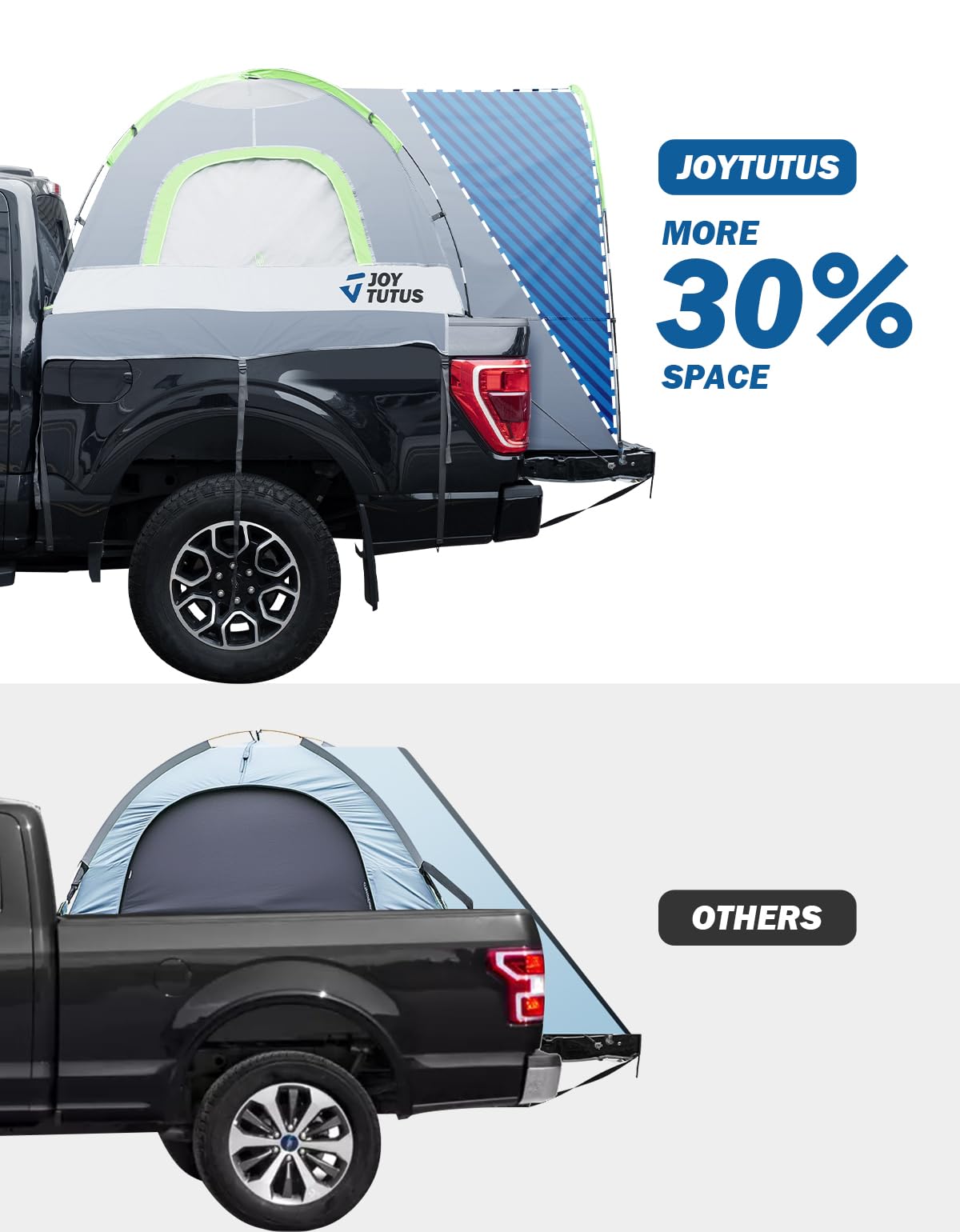JOYTUTUS Truck Tent with Rainfly 8.0Ft, Straight Spacious Truck Bed Tent with Sky View Mesh, Waterproof PU2000mm Double Layer for 2 Person, Gray Green