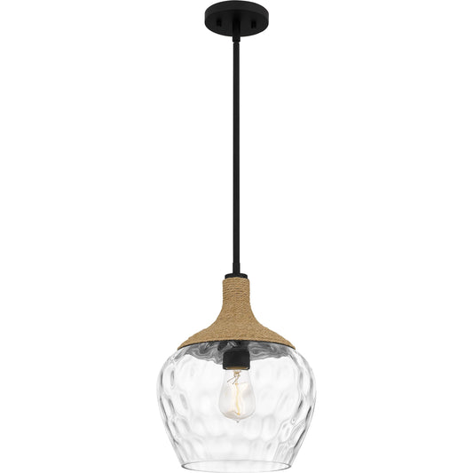 Quoizel Royer 1-Light Mini Pendant, Matte Black, Clear Water Glass with Rope Detail, Coastal Hanging Light for Kitchen, Bedroom or Bar